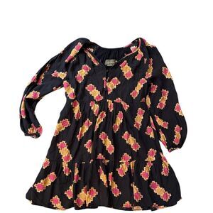 Anthropologie Black Dress with Pink and Orange Pattern